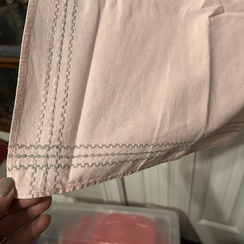Vintage Tablecloth Topper Pink Silver Embroidered Trim Stripe